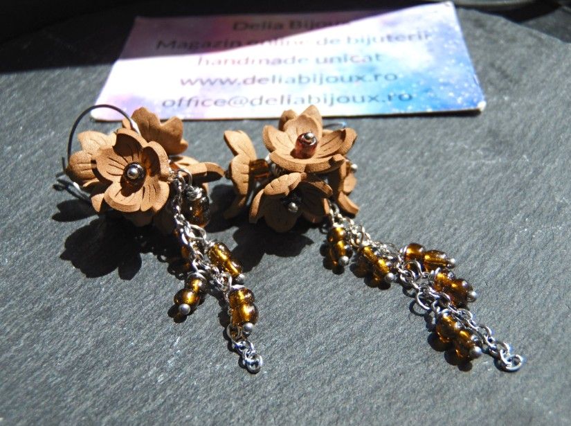 Cercei Handmade Flori de Toamnă din Foamiran, Mărgele de Nisip și Cercuri Inox, Cadou Femei (cod1442)