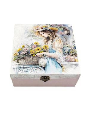 Cutie decorativa din lemn, Fata cu caruciorul cu flori, 4675