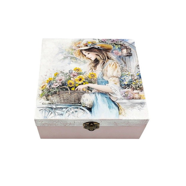 Cutie decorativa din lemn, Fata cu caruciorul cu flori, 4675
