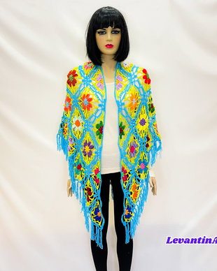 Șal croșetat manual cu flori multicolore  șal triunghiular boho turcoaz, handmade