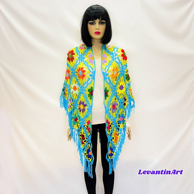 Șal croșetat manual cu flori multicolore șal triunghiular boho turcoaz, handmade