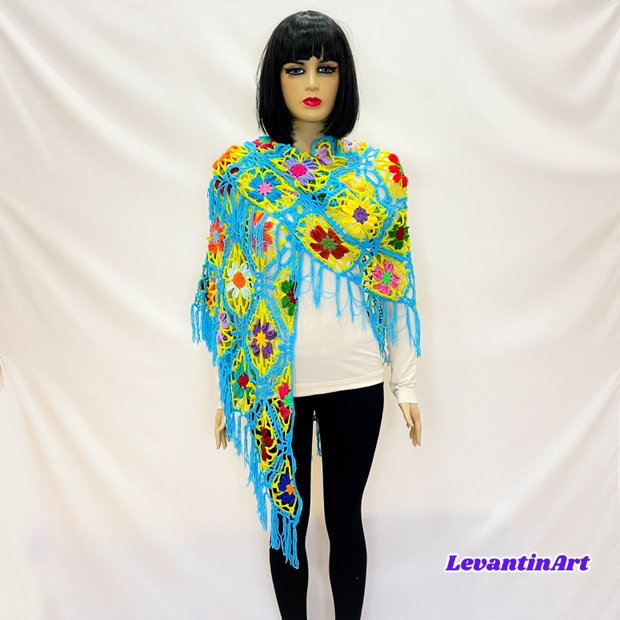 Șal croșetat manual cu flori multicolore șal triunghiular boho turcoaz, handmade
