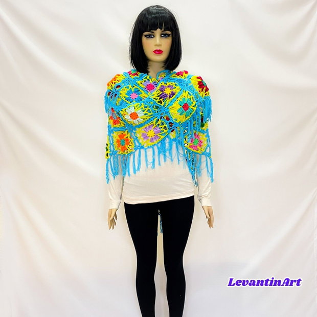 Șal croșetat manual cu flori multicolore șal triunghiular boho turcoaz, handmade