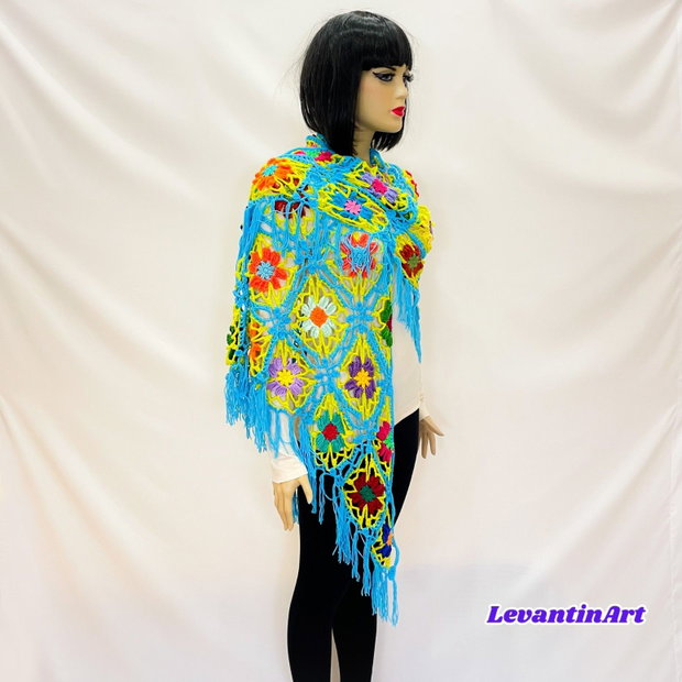 Șal croșetat manual cu flori multicolore șal triunghiular boho turcoaz, handmade