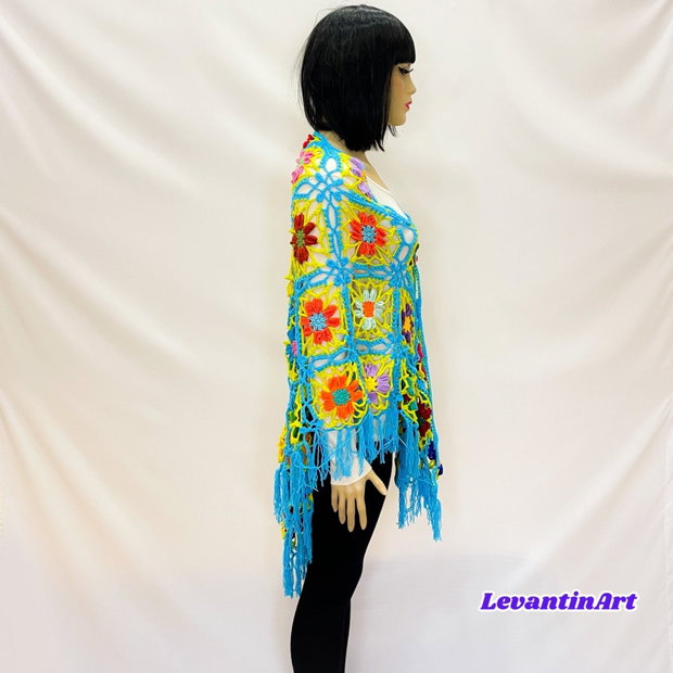 Șal croșetat manual cu flori multicolore șal triunghiular boho turcoaz, handmade
