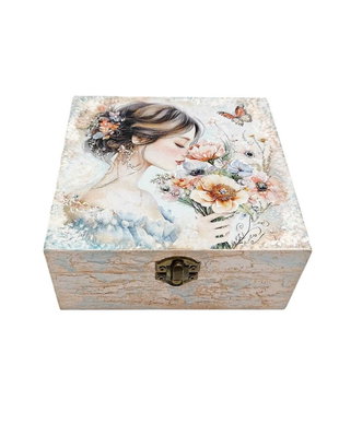 Cutie decorativa din lemn, Fata cu flori de vis, 4676