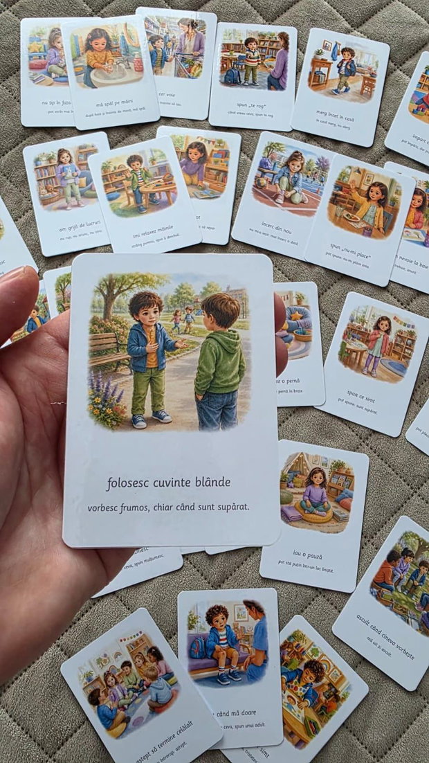 Set 36 cartonașe Montessori pentru gestionarea emoțiilor (plastifiate + magnetice)