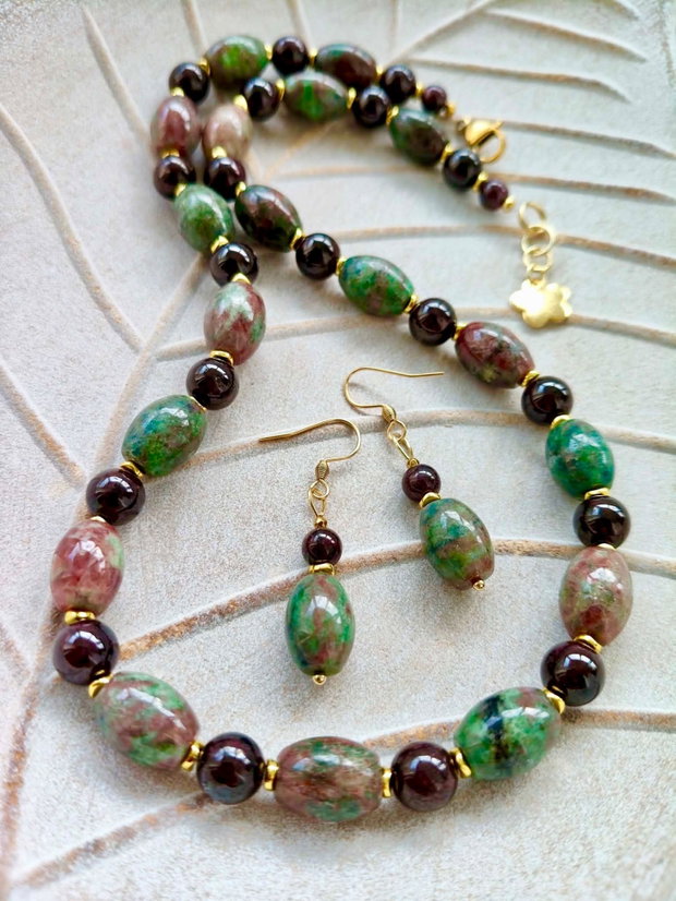 Colier granat verde & granat visiniu