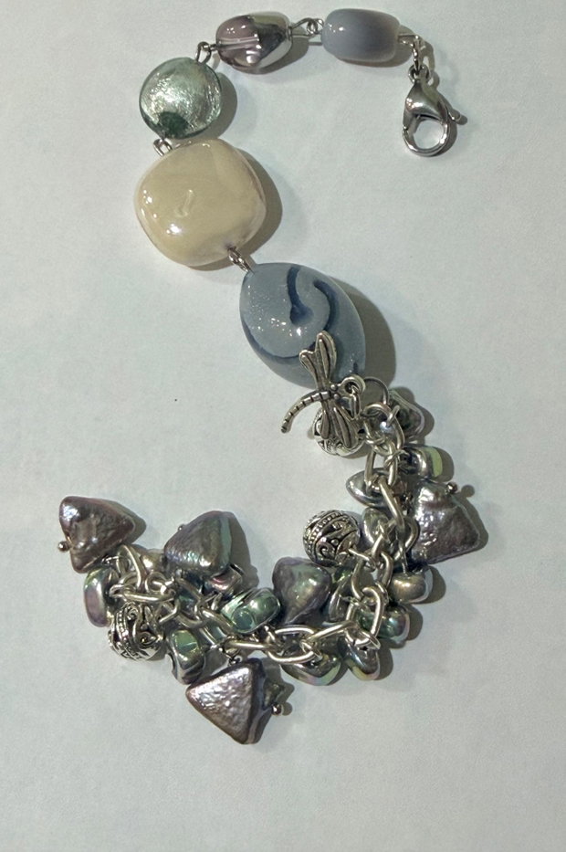 BRĂȚARĂ~50 SHADES OF GREY~hematit electroplacat,perle de cultură,Murano,agata,zamac,inox