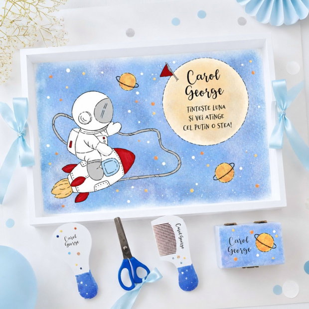 Tava taierea motului cosmonaut pictata manual personalizata, set galaxie