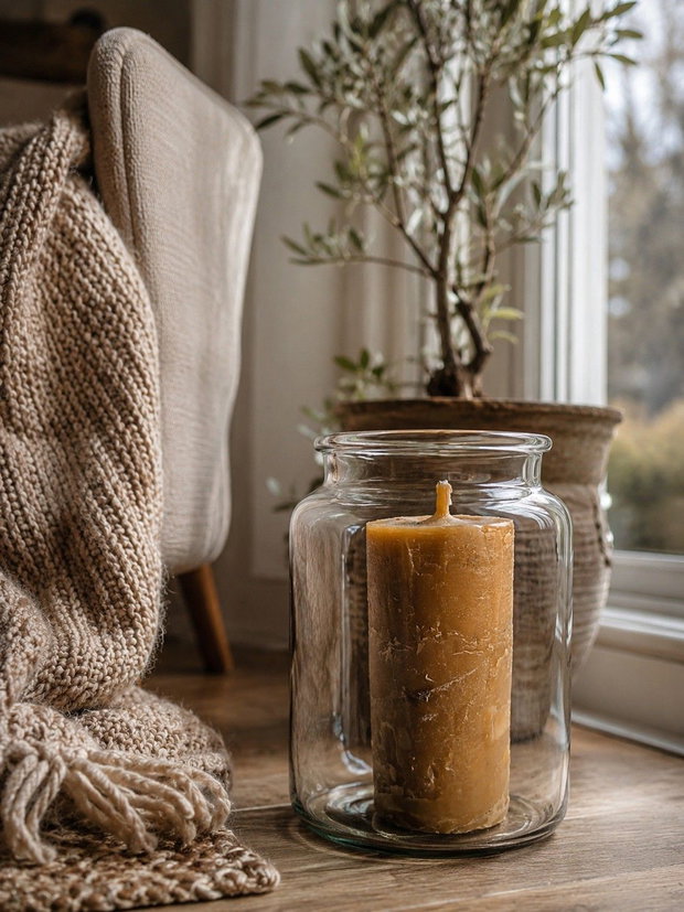Lumânare rustică din ceară naturală de albine 100% handmade decor hygge & aromă naturală de miere