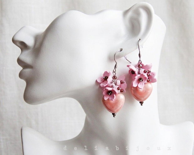 Cercei handmade Sakura cu inimă cercei romantici roz din ceramică și flori delicate (cod1427)