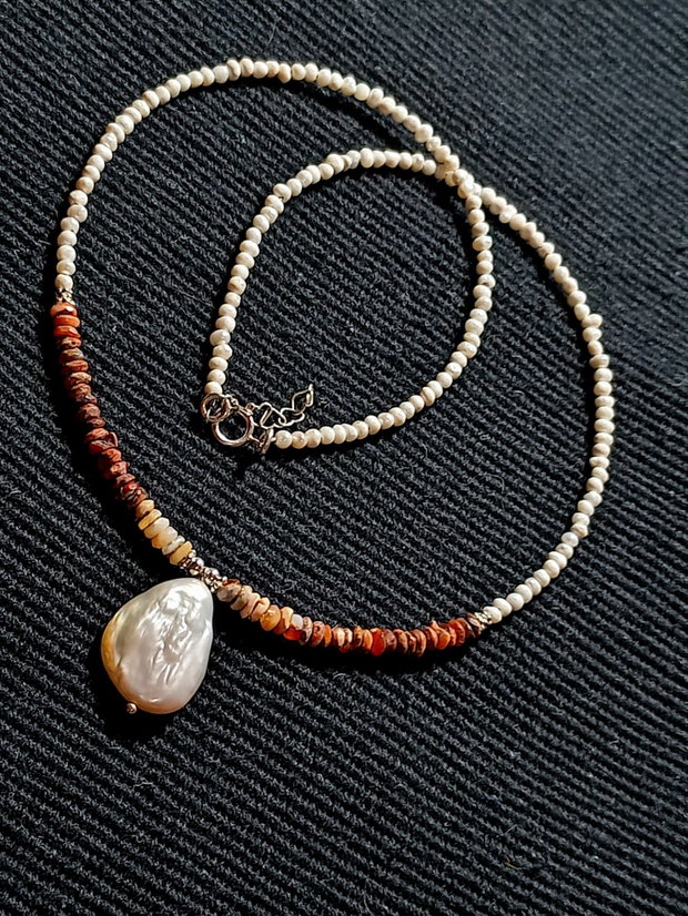 Colier argint opal de foc mexican heishi perle naturale de cultura seed mate perla naturala de cultura picatura minimalist boho chic trendy