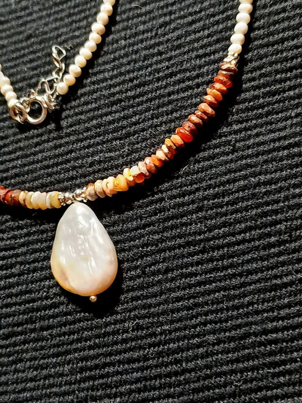 Colier argint opal de foc mexican heishi perle naturale de cultura seed mate perla naturala de cultura picatura minimalist boho chic trendy