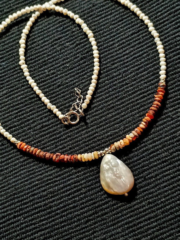 Colier argint opal de foc mexican heishi perle naturale de cultura seed mate perla naturala de cultura picatura minimalist boho chic trendy