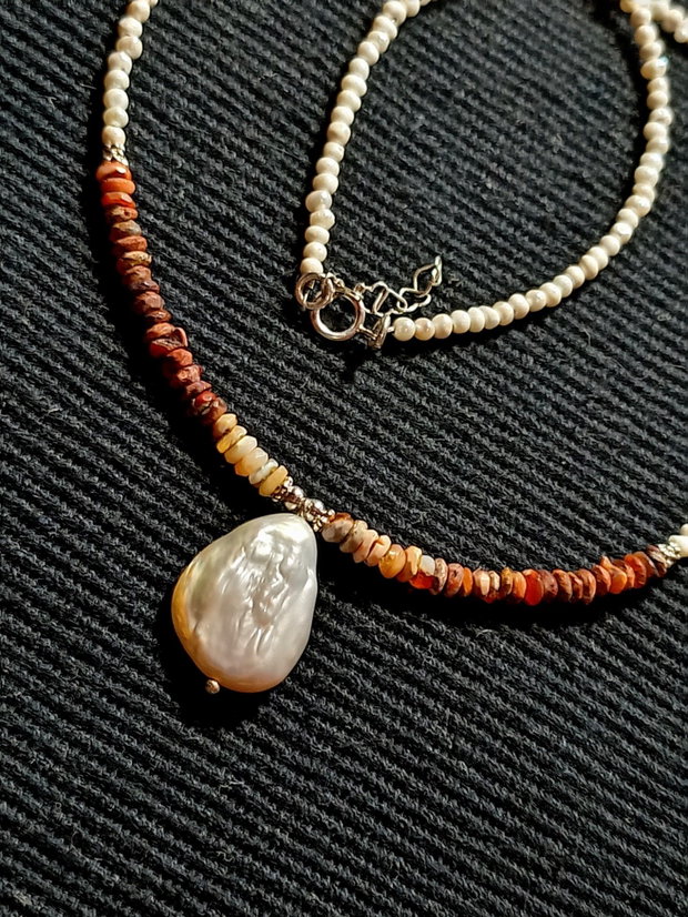 Colier argint opal de foc mexican heishi perle naturale de cultura seed mate perla naturala de cultura picatura minimalist boho chic trendy