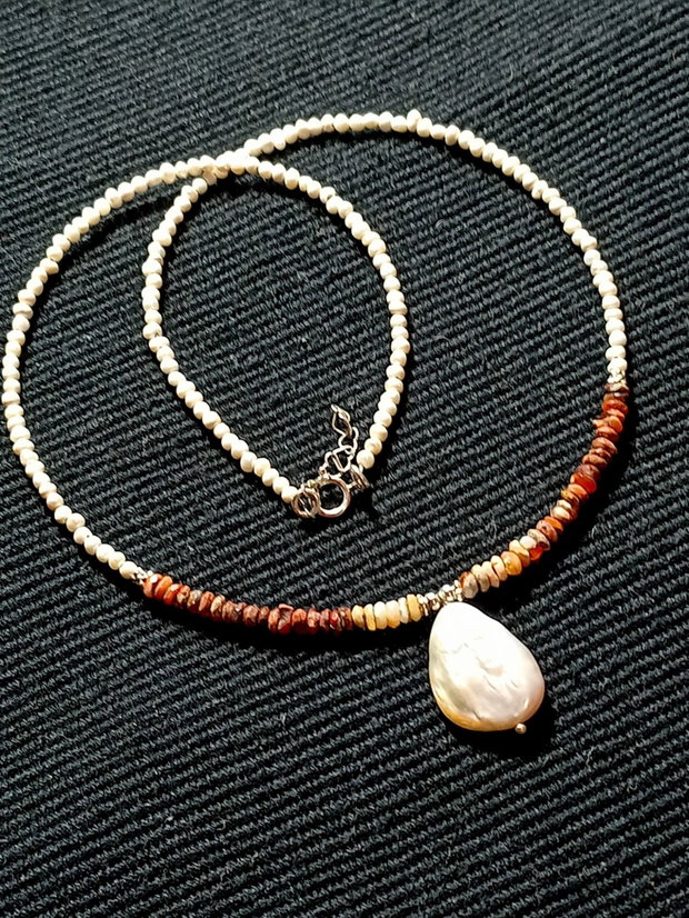 Colier argint opal de foc mexican heishi perle naturale de cultura seed mate perla naturala de cultura picatura minimalist boho chic trendy