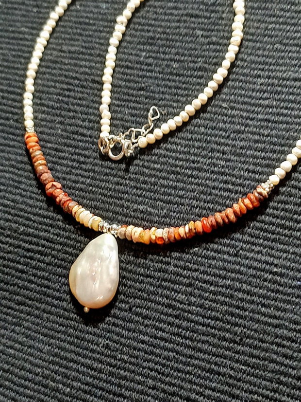 Colier argint opal de foc mexican heishi perle naturale de cultura seed mate perla naturala de cultura picatura minimalist boho chic trendy