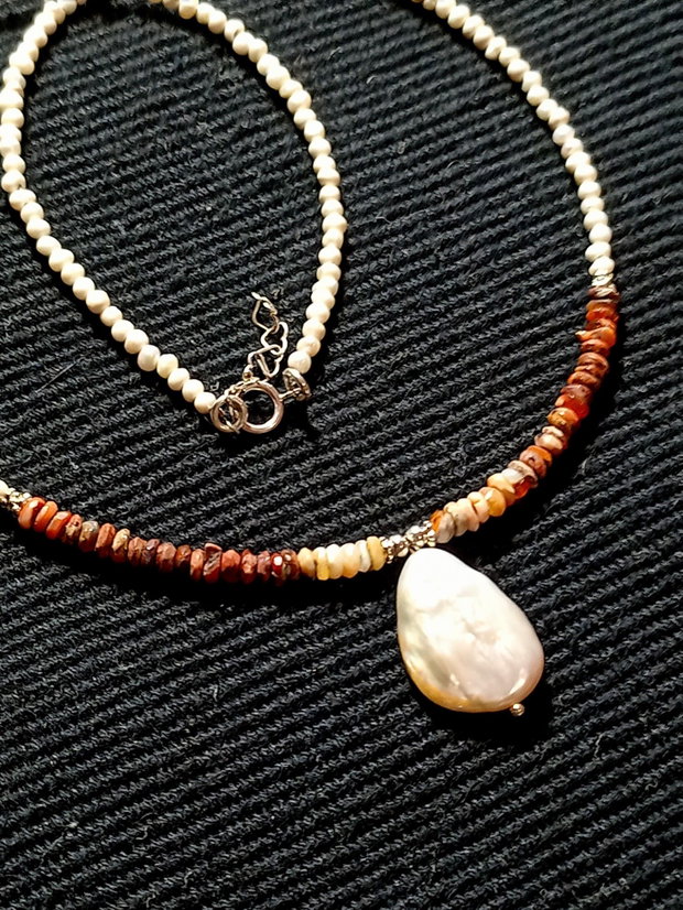 Colier argint opal de foc mexican heishi perle naturale de cultura seed mate perla naturala de cultura picatura minimalist boho chic trendy