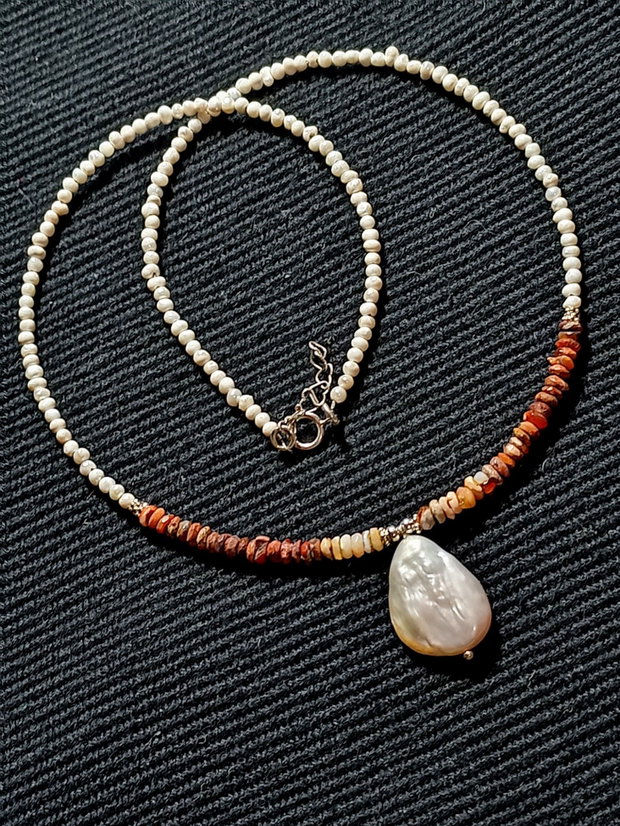 Colier argint opal de foc mexican heishi perle naturale de cultura seed mate perla naturala de cultura picatura minimalist boho chic trendy