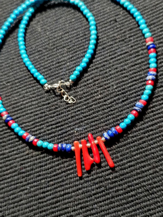Rezervat Colier argint coral lapis lazuli turcoaz reconstruit minimalist boho chic multicolor trendy