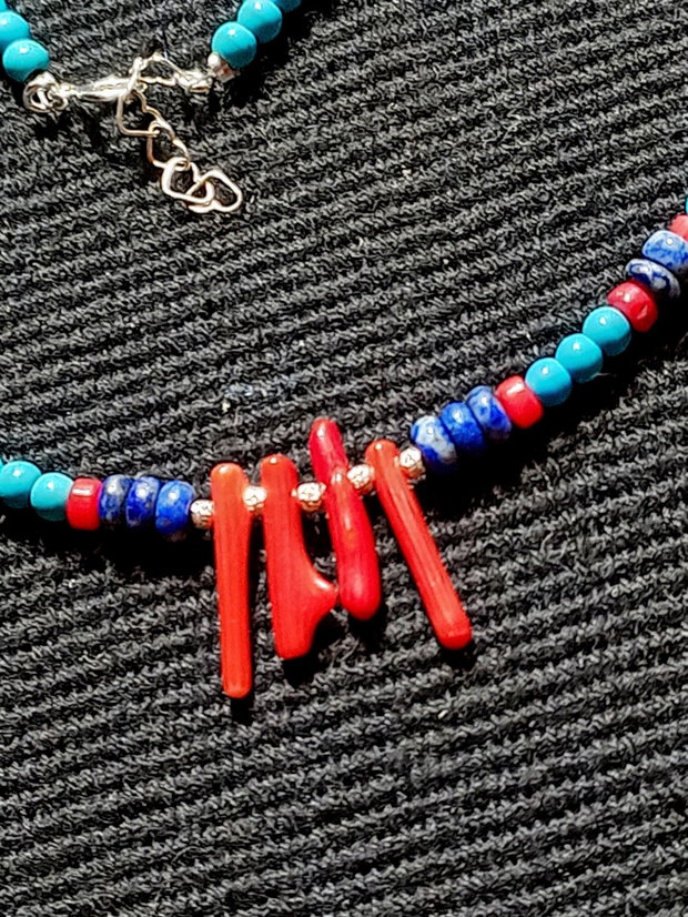 Rezervat Colier argint coral lapis lazuli turcoaz reconstruit minimalist boho chic multicolor trendy