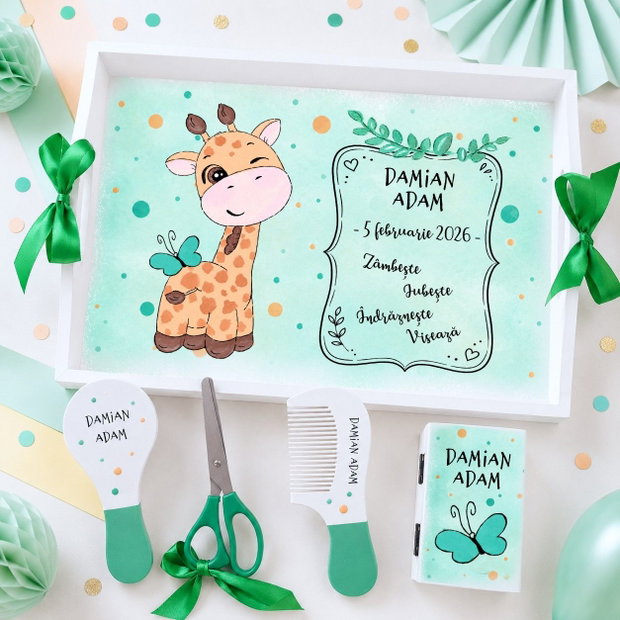 Tava taierea motului girafa pictata manual personalizata, set prima aniversare