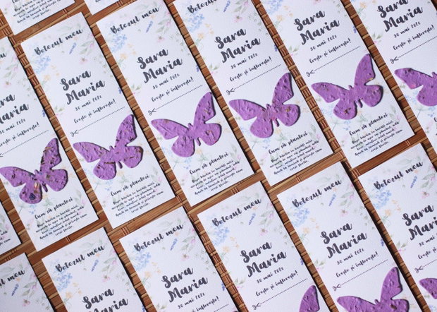 Marturie plantabila - semn de carte - fluturas din hartie plantabila cu seminte si petale de flori