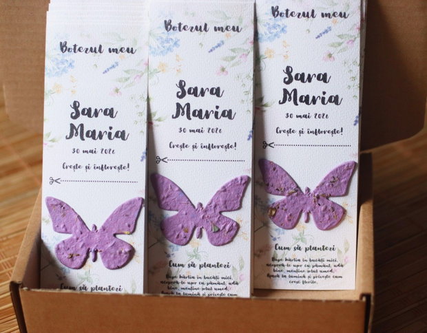 Marturie plantabila - semn de carte - fluturas din hartie plantabila cu seminte si petale de flori