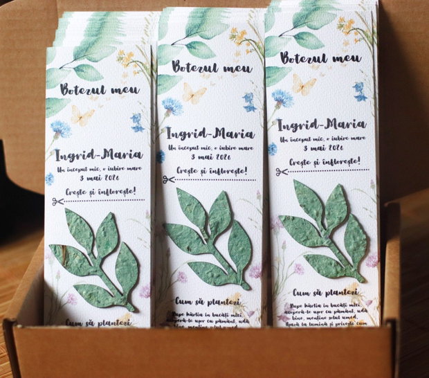 Marturie plantabila - semn de carte - frunzulite din hartie plantabila cu seminte si petale de flori