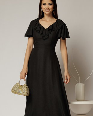 Rochie midi neagra cu sidef cu decolteu V si volanase la bust
