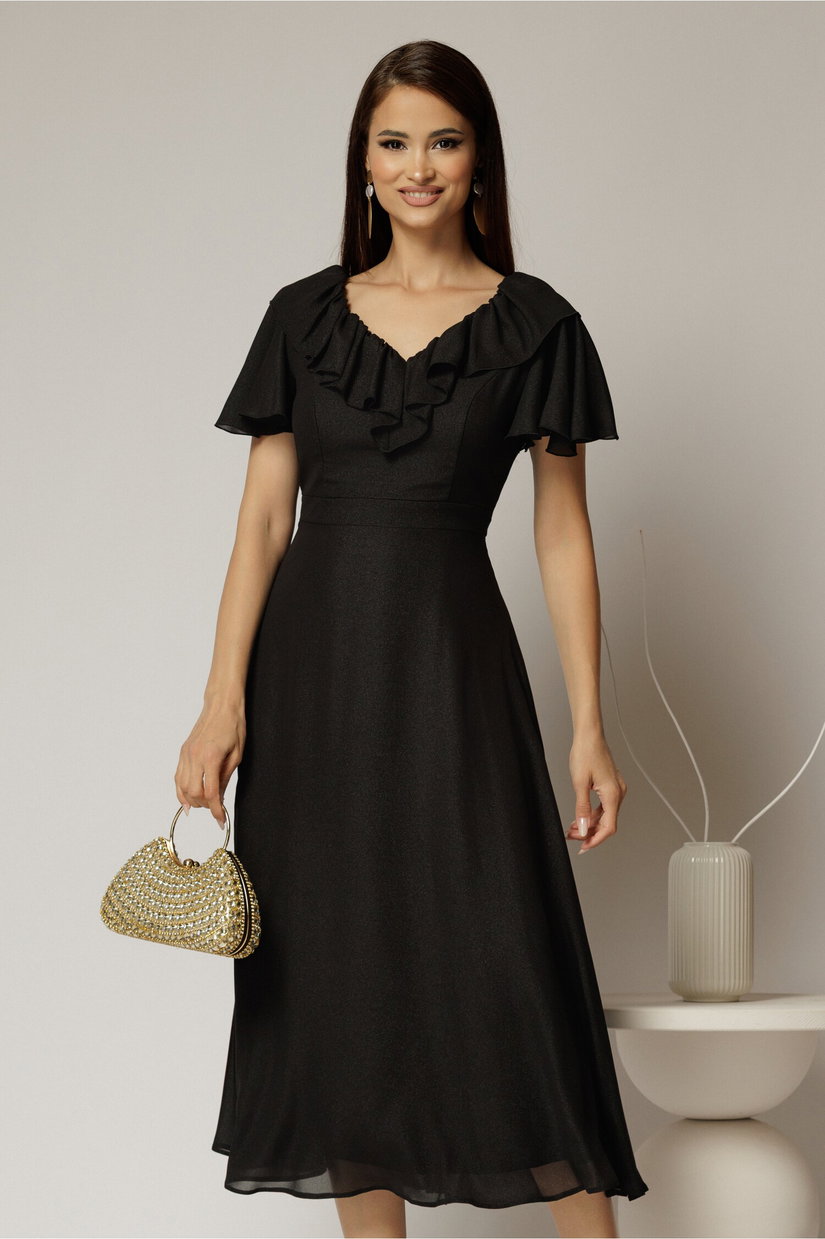Rochie midi neagra cu sidef cu decolteu V si volanase la bust