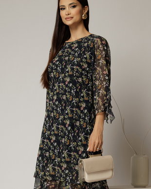 Rochie midi din voal bleumarin cu floricele si maneci trei sferturi