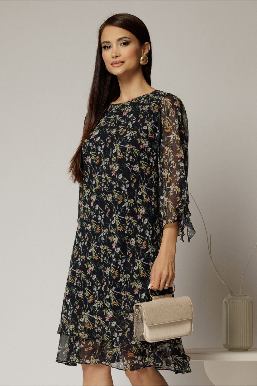 Rochie midi din voal bleumarin cu floricele si maneci trei sferturi