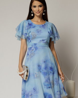 Rochie midi din voal bleu cu imprimeuri si volanase la maneci