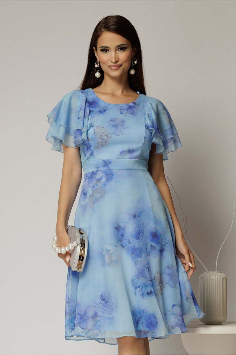 Rochie midi din voal bleu cu imprimeuri si volanase la maneci