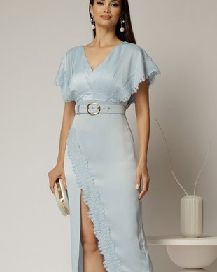 Rochie midi bleu din satin cu insertii de dantela