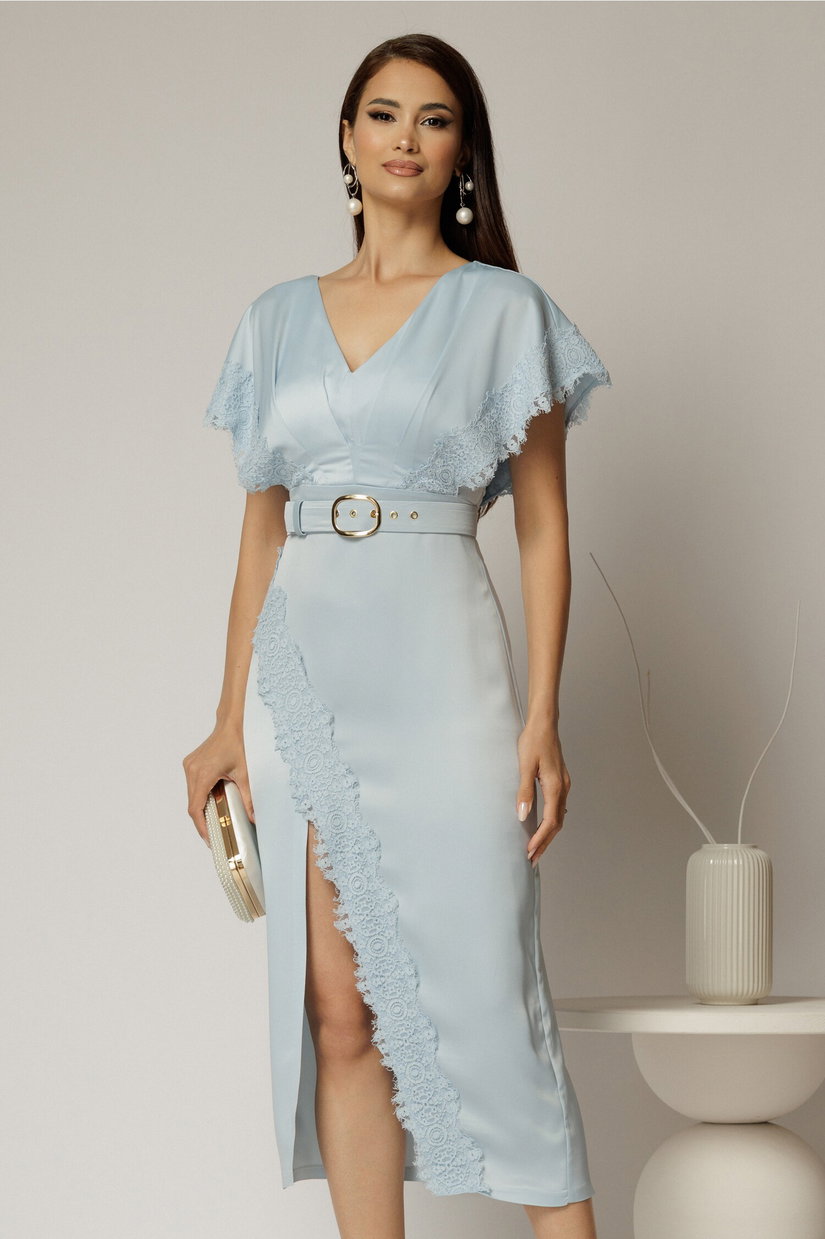 Rochie midi bleu din satin cu insertii de dantela