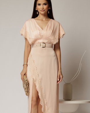 Rochie midi roz din satin cu insertii de dantela