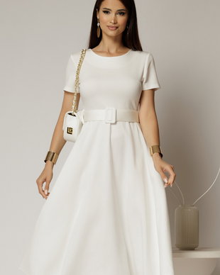 Rochie midi alba cu maneca scurta si curea in talie cu adaos de viscoza