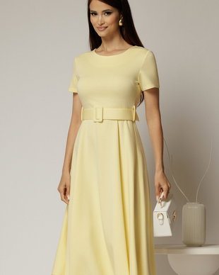 Rochie midi galbena cu maneca scurta si curea in talie cu adaos de viscoza