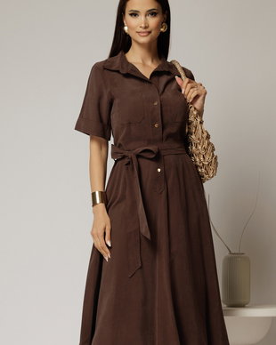 Rochie midi maro din tencel cu guler tip camasa si maneci scurte