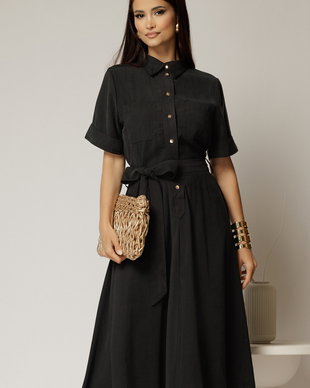 Rochie midi neagra din tencel cu guler tip camasa si maneci scurte