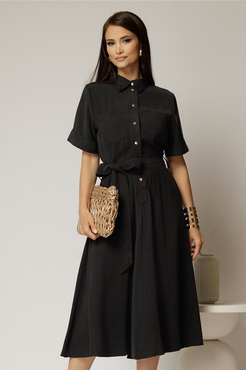 Rochie midi neagra din tencel cu guler tip camasa si maneci scurte