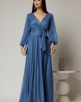 Rochie lunga albastra cu glitter cu decolteu petrecut si cordon in talie