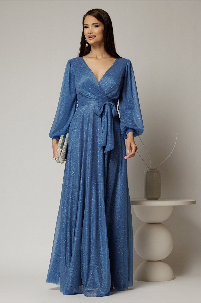 Rochie lunga albastra cu glitter cu decolteu petrecut si cordon in talie