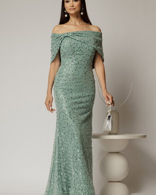 Rochie lunga verde menta de seara din dantela cu perle si paiete