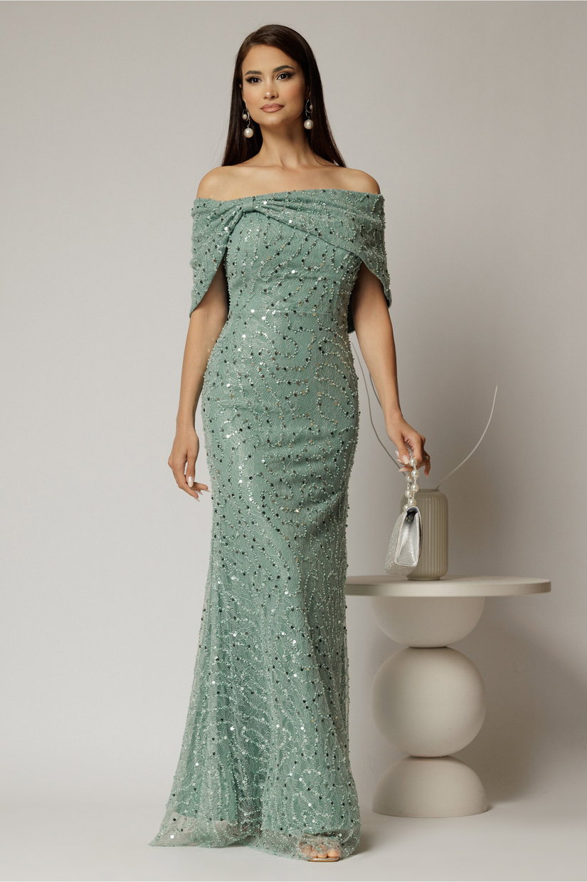 Rochie lunga verde menta de seara din dantela cu perle si paiete