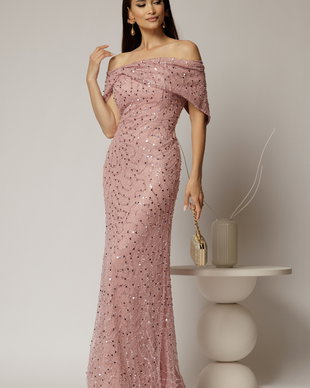 Rochie lunga roz de seara din dantela cu perle si paiete