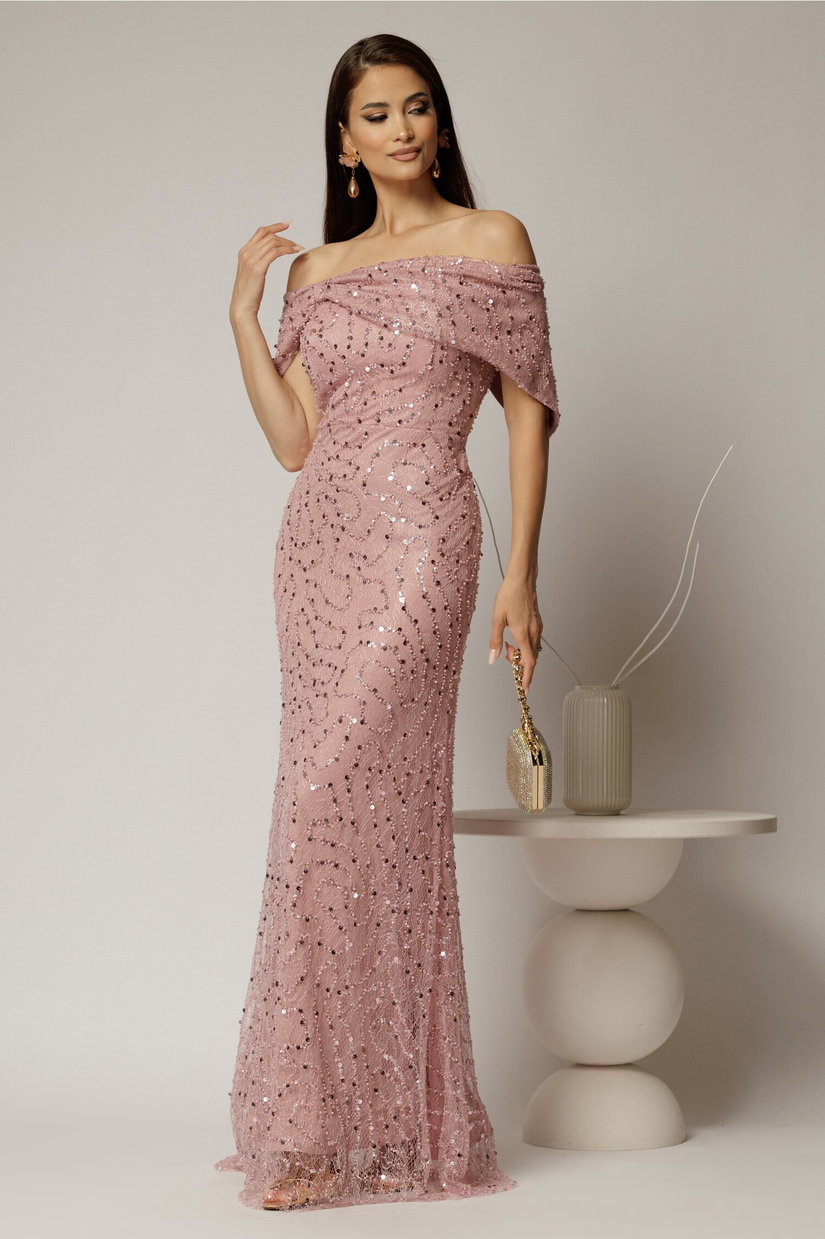 Rochie lunga roz de seara din dantela cu perle si paiete